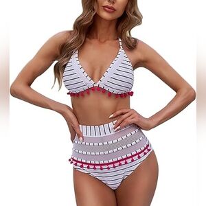 Striped High Waisted Bikini Set with Pink Pom Poms